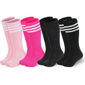 imageAmerican Trends Kids Soccer Socks for Toddler Boys Girls Knee High Socks Stripes Cotton Sport Long Tube Sock 19 YearsBlack2PinkHot Pink