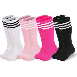 imageAmerican Trends Kids Soccer Socks for Toddler Boys Girls Knee High Socks Stripes Cotton Sport Long Tube Sock 19 YearsBlackWhitePinkHot Pink