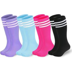 imageAmerican Trends Kids Soccer Socks for Toddler Boys Girls Knee High Socks Stripes Cotton Sport Long Tube Sock 19 YearsBluePurple PinkBlack