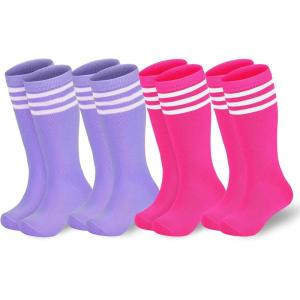 imageAmerican Trends Kids Soccer Socks for Toddler Boys Girls Knee High Socks Stripes Cotton Sport Long Tube Sock 19 YearsPurple White2Hot Pink2