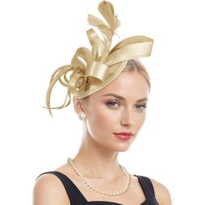 imageFascinators Hats for Women KentuckyDerby Tea Party Hats Flower Wedding Church Headband Hair Clip GirlsA Gold