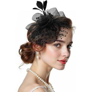 imageAmerican Trends Fascinators Hat for Women Tea Party Hats Headband Flower Mesh Feathers Hair ClipBlack