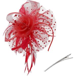 imageAmerican Trends Fascinators Hat for Women Tea Party Hats Headband Flower Mesh Feathers Hair ClipD Red