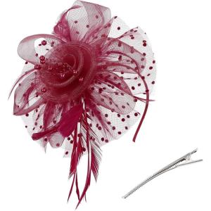 imageAmerican Trends Fascinators Hat for Women Tea Party Hats Headband Flower Mesh Feathers Hair ClipD Wine Red