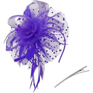 imageAmerican Trends Fascinators Hat for Women Tea Party Hats Headband Flower Mesh Feathers Hair ClipPurple