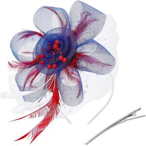 imageAmerican Trends Fascinators Hat for Women Tea Party Hats Headband Flower Mesh Feathers Hair ClipRedWhiteBlueusa Hat