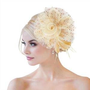 imageAmerican Trends Fascinators Hat for Women Tea Party Hats Headband Flower Mesh Feathers Hair ClipZ BeigeGold