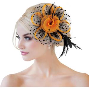 imageAmerican Trends Fascinators Hat for Women Tea Party Hats Headband Flower Mesh Feathers Hair ClipZ OrangeBlack Halloween
