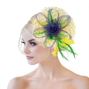 imageAmerican Trends Fascinators Hat for Women Tea Party Hats Headband Flower Mesh Feathers Hair ClipZ PurpleGreenGold Mardi Gras
