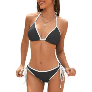 imageAmerican Trends Women String Triangle Bikini Set Swimsuit Two Piece Bathing Suit Cheeky Swim Suit SwimwearBlack White