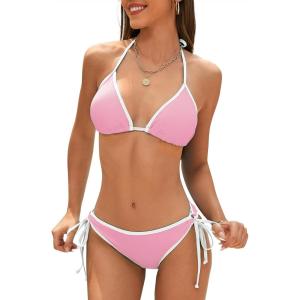 imageAmerican Trends Women String Triangle Bikini Set Swimsuit Two Piece Bathing Suit Cheeky Swim Suit SwimwearPink White