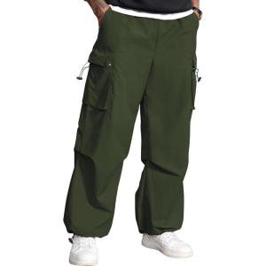 imageMens Baggy Cargo Pants Vintage Casual Drawstring Parachute Pant Loose Fit Jogger Streetwear Pants with PocketsArmy Green