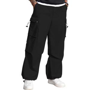 imageMens Baggy Cargo Pants Vintage Casual Drawstring Parachute Pant Loose Fit Jogger Streetwear Pants with PocketsBlack