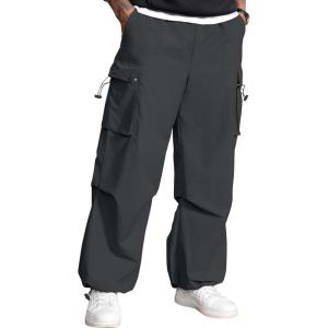 imageMens Baggy Cargo Pants Vintage Casual Drawstring Parachute Pant Loose Fit Jogger Streetwear Pants with PocketsDarkgrey