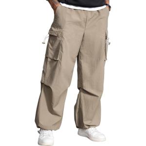 imageMens Baggy Cargo Pants Vintage Casual Drawstring Parachute Pant Loose Fit Jogger Streetwear Pants with PocketsKhaki