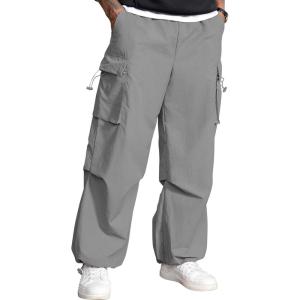 imageMens Baggy Cargo Pants Vintage Casual Drawstring Parachute Pant Loose Fit Jogger Streetwear Pants with PocketsLight Gray