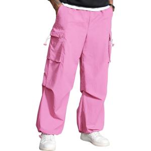 imageMens Baggy Cargo Pants Vintage Casual Drawstring Parachute Pant Loose Fit Jogger Streetwear Pants with PocketsPink