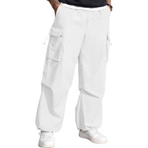 imageMens Baggy Cargo Pants Vintage Casual Drawstring Parachute Pant Loose Fit Jogger Streetwear Pants with PocketsWhite