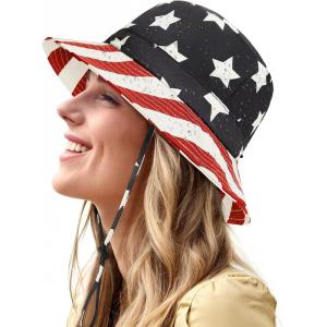 imageWaterproof Bucket Hat for Women Men Rain Hat Wide Brim Packable Sun Hat UV Protection Summer Beach Fishing Hiking Safari HatAmerican Flag