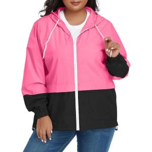 imageAmerican Trends Women Plus Size Light RainCoat Jackets Packable Hooded Waterproof Windbreaker for WomenZ Hot PinkBlack