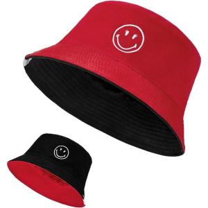 imageUnisex Bucket Hats Beach Summer Sun Hat with UV Protection for Women Men SmileyWorldRedblack