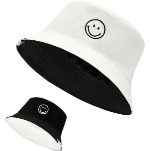 imageUnisex Bucket Hats Beach Summer Sun Hat with UV Protection for Women Men SmileyWorldWhiteblack