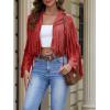 imageAmerican Trends Womens Casual Faux Leather Jacket Fringe Tops Tassel Suede Cropped Coats Motorcycle JacketRed