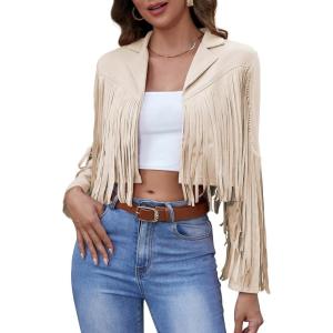imageAmerican Trends Womens Casual Faux Leather Jacket Fringe Tops Tassel Suede Cropped Coats Motorcycle JacketBeige