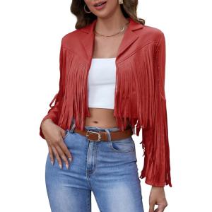 imageAmerican Trends Womens Casual Faux Leather Jacket Fringe Tops Tassel Suede Cropped Coats Motorcycle JacketRed