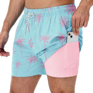 imageAmerican Trends Mens Swim Trunks with Compression Liner 5 inch Bathing Suits Swimming Swimwear Quick Dry Borad Shorts M2XLPink Coconut Tree