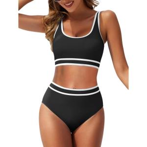 imageAmerican Trends Womens Bikini Sets Two Piece Swimsuit for Women High Waisted Swim Suit 2025 Sporty Bathing SuitBlack White