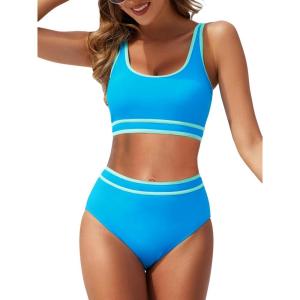 imageAmerican Trends Womens Bikini Sets Two Piece Swimsuit for Women High Waisted Swim Suit 2025 Sporty Bathing SuitBlue Green