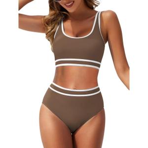 imageAmerican Trends Womens Bikini Sets Two Piece Swimsuit for Women High Waisted Swim Suit 2025 Sporty Bathing SuitBrown White