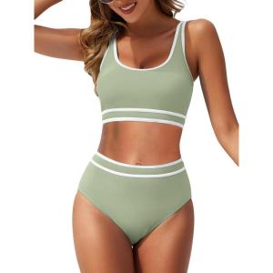 imageAmerican Trends Womens Bikini Sets Two Piece Swimsuit for Women High Waisted Swim Suit 2025 Sporty Bathing SuitGreen White