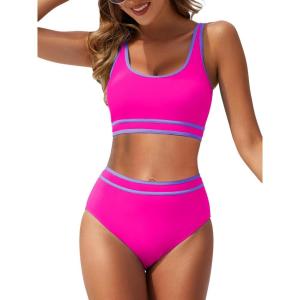 imageAmerican Trends Womens Bikini Sets Two Piece Swimsuit for Women High Waisted Swim Suit 2025 Sporty Bathing SuitPink Purple