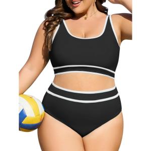imageAmerican Trends Womens Plus Size Bikini Swimsuit High Waisted Swimsuits Bathing Suit 2 Piece Tummy ControlBlack White