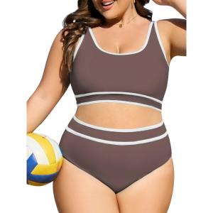 imageAmerican Trends Womens Plus Size Bikini Swimsuit High Waisted Swimsuits Bathing Suit 2 Piece Tummy ControlBrown White