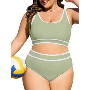 imageAmerican Trends Womens Plus Size Bikini Swimsuit High Waisted Swimsuits Bathing Suit 2 Piece Tummy ControlGreen White