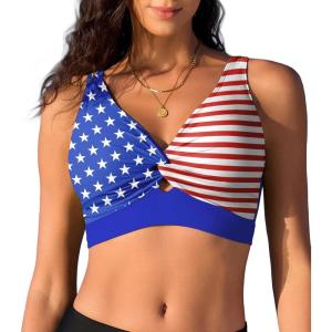 imageBikini Tops for Women Padded V Neck Swimsuit Tops Knot Twist Hollow Cut Adjustable Tank Bathing SuitsAmerican Flag a