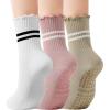 imageAmerican Trends 3 Pairs Cute Pilates Yoga Crew Socks for Women with Grips Non Slip Ruffle Grip Sock Non SkidWhitepinkbeige