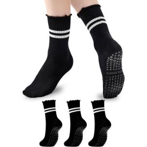 imageAmerican Trends 3 Pairs Cute Pilates Yoga Crew Socks for Women with Grips Non Slip Ruffle Grip Sock Non SkidBlackblackblack