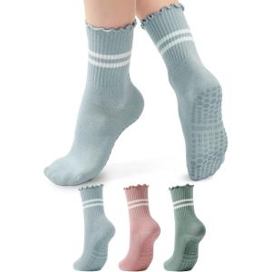 imageAmerican Trends 3 Pairs Cute Pilates Yoga Crew Socks for Women with Grips Non Slip Ruffle Grip Sock Non SkidLight Bluemint Greenpink