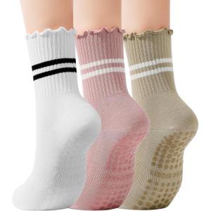 imageAmerican Trends 3 Pairs Cute Pilates Yoga Crew Socks for Women with Grips Non Slip Ruffle Grip Sock Non SkidWhitepinkbeige