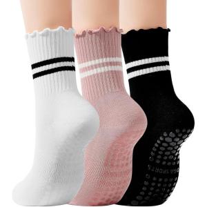 imageAmerican Trends 3 Pairs Cute Pilates Yoga Crew Socks for Women with Grips Non Slip Ruffle Grip Sock Non SkidWhitepinkblack
