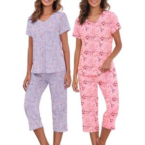 imageAmerican Trends 2 Pack Cotton Pajamas for Women Set Two Piece Short Sleeve Sleepwear Tops with Capri Pants Summer Pj SetSet9