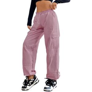 imageAmerican Trends Parachute Pants for Women Baggy Cargo Pants Women Y2K Pants Women Streetwear Pants Multiple PocketsPink