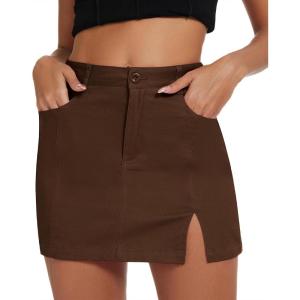 imageAmerican Trends Women Mini Skirt with Slit High Waist Mini Denim Skirt Causal Bodycon Short Jean Skirts with PocketsBrown