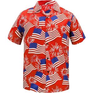 imageMens Hawaiian Shirt Floral Print Aloha Shirt Comfortable Novelty Button Down Shirts Casual Short Sleeve Beachwear for MenRed American Flag