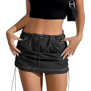 imageMini Cargo Skirt Y2k Low Waist Ruched Skirt with Pockets Side Adjustable Drawstring SkirtsBlack