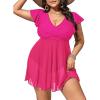 imageAmerican Trends Plus Size Swimsuit for Women Swim Dress Tummy Control One Piece Bathing Suit V Neck Swimdress Ruffle SwimwearHot Pink